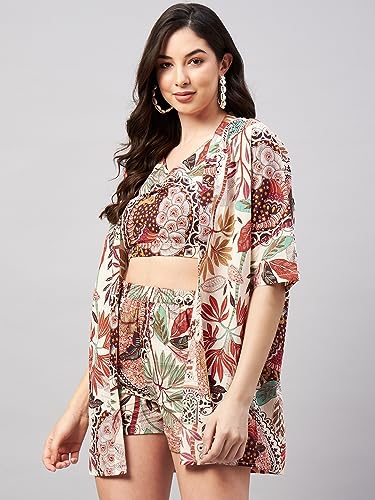 Image of WineRed Cotton Woman Beige 3Pcs Coord Set With Shorts, Floral