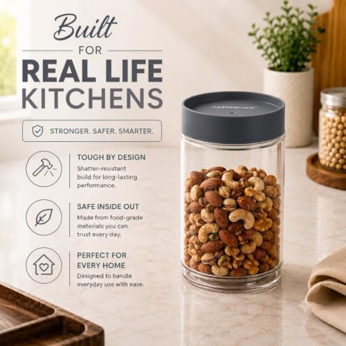 Image of CELLO Modustack Pet Storage Jar For Kitchen Set of 9 Pcs (1000ml x 2, 750ml x 2, 500ml x 5) Grey | Freezer & Fridge Safe, Airtight Pet Kitchen Storage Box Container For Beans, Whole Grains, Spices