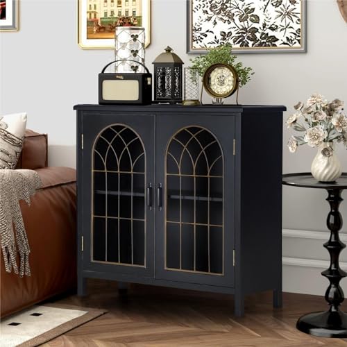 MFSTUDIO Accent Storage Cabinet with 2 Doors, Distressed Storage Cabinet Buffet Sideboard Display Cabinet with Metal Church Window Door for Entryway Living Room Kitchen, Black