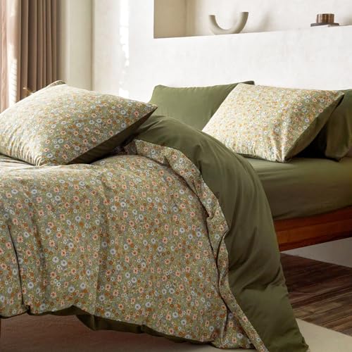 Image of Wake In Cloud - Floral Comforter Set, Cute Vintage Flower Cottagecore Aesthetic for Women Teen Girls, Soft Lightweight Dorm Bedding, 3 Pieces, Olive Green, Queen Size