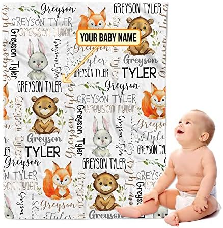 TEEMAN Woodland Personalized Baby Blankets for Boys, Custom Baby Blanket with Name, Baby Boy Wilderness Blankets, Woodland, Nursery Decor, Animals Baby Gifts, Soft Fleece Blanket