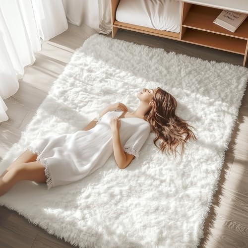 Homaxy Hochflor Flauschig Teppich Anti-Rutsch Unterseite Waschbar Teppiche fürs Wohnzimmer, Kinderzimmer, Schlafzimmer - 120 x 160 cm, Creme