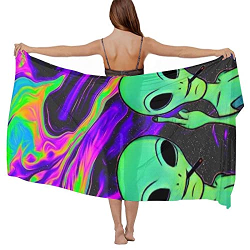 Cool Alien Tie Dye Art Chiffon Shawl Sexy Evening Party Swimsuit Shawl Soft Cozy Infinity Scarf Long Summer Elegant Cape Sunscreen Paisley Scarves