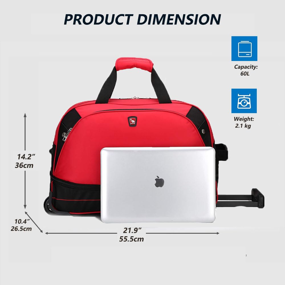 OIWAS Holdall with Wheels 60L Travel Duffle Bag with Wheels Small Rolling Weekend Overnight Bag for Men Women Expandable 50L Red
