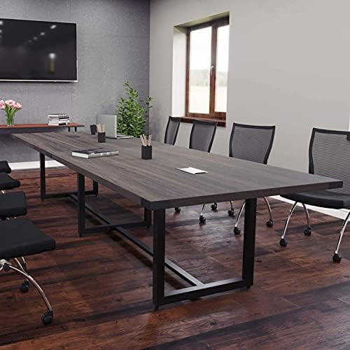 8 Foot - 16 Foot Modern Conference Room Table with Metal Base & Metal Accents (16ft w/ 2 Power Modules, Stone Gray w/Silver Metal)