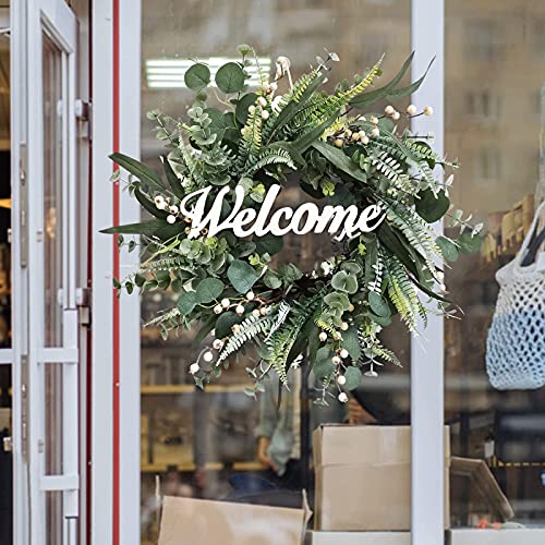 Sasuka 24" Artificial Eucalyptus Wreath For Front Door, Handmade Silk Leaves Wreath With Welcome Sign, Spring Summer Large Wreath For Festival Wall Window Porch Patio Garden Farmhouse Decor #TOP4