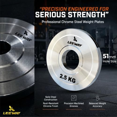 Image of Leeway Calibrated Steel Weight Plates (7.5kg x 2) | 51mm Olympic Barbell Plates for Home Gym & Powerlifting | Solid Steel Construction | Gym Weights for Strength Training & Workouts (Chrome, 7.5kg)