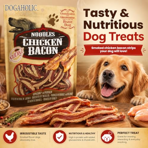 Image of Dogaholic Chicken Bacon Strips Dog Treats - High Protein Dog Snacks & Healthy Training Treats for All Breeds | Smokey Flavor Chewy Sticks for Puppies & Adult Dogs