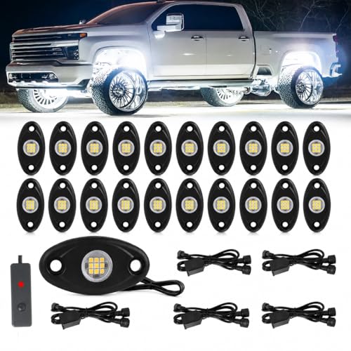 Image of 20pods White Rock Lights Dc 12v-80v 6000k Aluminum Alloy Pure White Led Rock Lights with Switch Wiring Harness Kit Ip68 Waterproof for Trucks Pickup Offroad Car SUV Utv ATV Rv Fends Underglow Lights