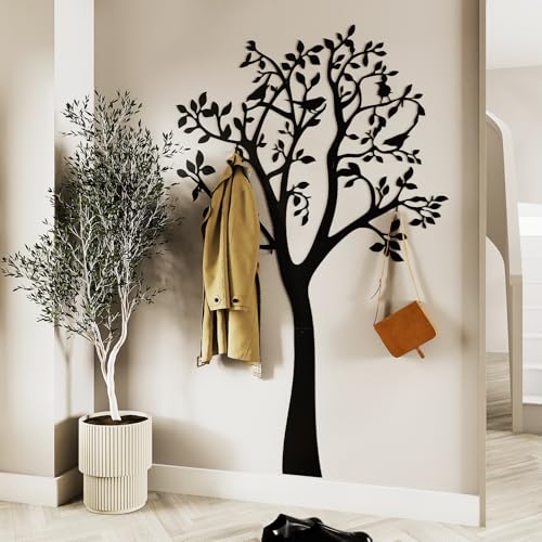 Porte-manteau mural en forme d'arbre - Panneau noir en métal - Porte-manteau de couloir étroit - Panneaux muraux 175 x 107 cm - Porte-manteau mural design moderne -...