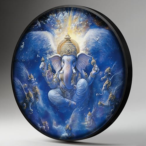 Image of PAINTINGMANTRA Shree Ganesh Ji Night Wall Lamp Painting with mobile Controllable Smart LED Light, Religious Round Wall Art Painting with RGB Night Lamp for Home & Office Wall Decor (18x18 Inches)