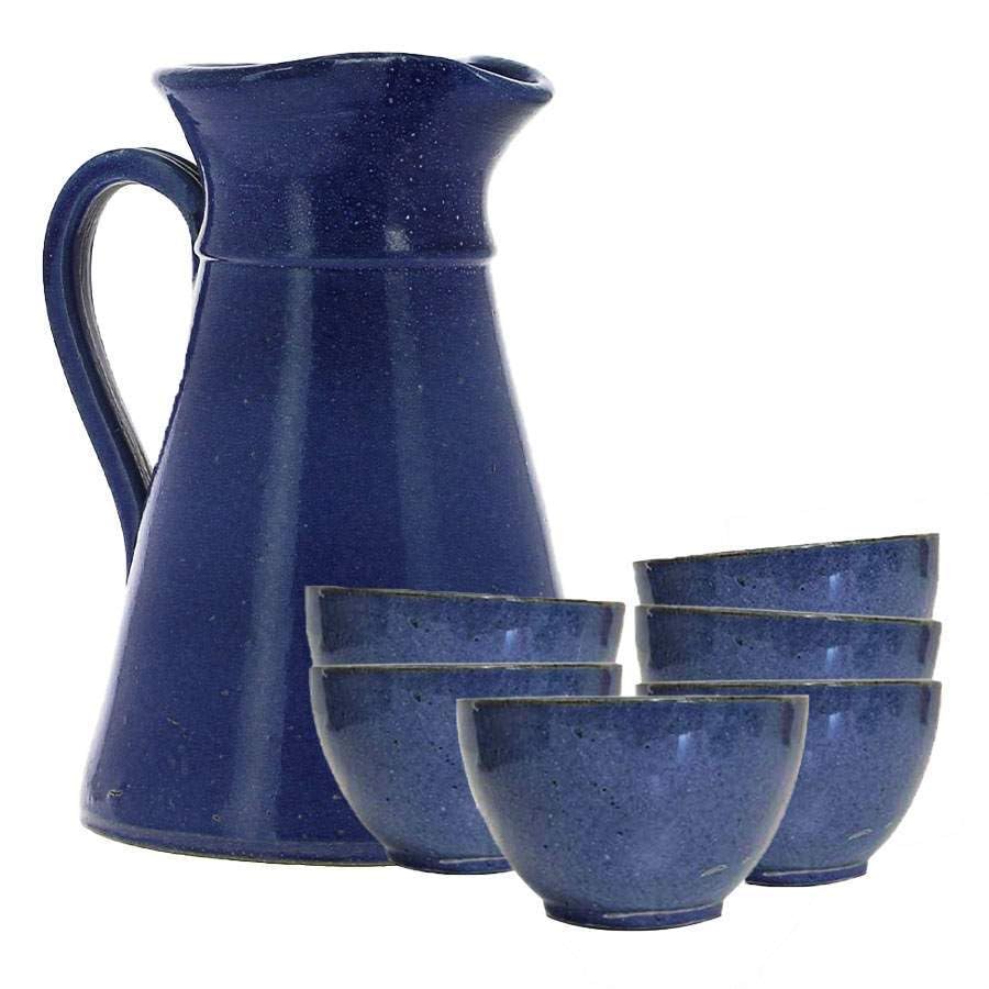 Service à cidre en grès bleu poterie Turgis - Fait à la main - 6 bolées et 1 broc - Produits-Normandie