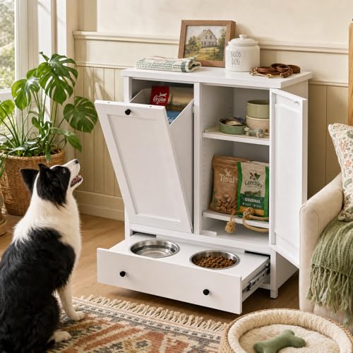 Yiosotne Dog Feeding Station with Storage Cabinet Metal Pet Feeding Station with Storage Tilt-Out Dog Food Storage Cabinet with 2 Stainless Steel Bowls Pet Feeding Station for Dogs & Cats White