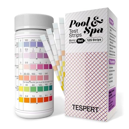 TESPERT Pool and Spa Test Strips Hot Tub Test Strips 7-in-1 125 Strips Pack, Chemistry Test Kit for Hardness, Chromium, Free Chlorine, Bromine, pH, Alkalinity and Cyanuric Acid of Water