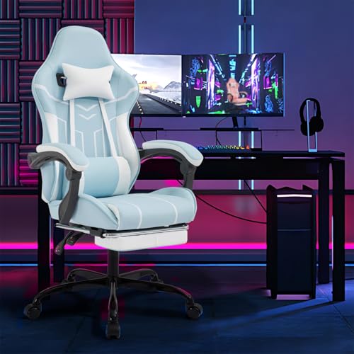 Image of Gaming Desk Chair for Adults, Ergonomic Gaming Chair with Footrest & Headrest and Lumbar Support, Leather Material Height Adjustable Computer Video Game Chairs (Blue+White)