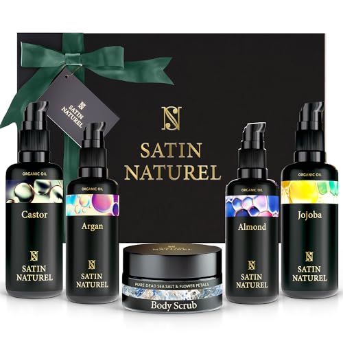 Regalos Originales para Mujer XXL - Regalos para Mujer - Cuidado del Cuerpo Orgánico - Aceite de Argan, Aceite de Jojoba, Aceite de Almendras, Aceite de Ricino, Exfoliante Corporal - Satin Naturel
