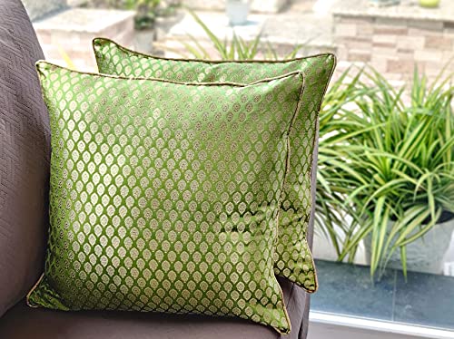 Craftbot Damask Throw Pillow Covers - Pack Of 2 Faux Silk Brocade Decorative Pillows - Light Green Gold 20X20 Inch- Indian Jacquard Cover-Cover Only #TOP2