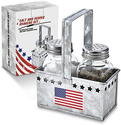 COCOBOSS Salt and Pepper Shakers Set with Metal Caddy, Patriotic Salt & Pepper Shakers, Vintage Salt and Pepper Caddy Set with 2 x Glass Shakers & 1 x Holder Metal Caddy - Flag Decoration