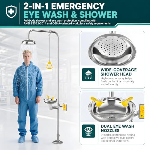 Image of 304 Stainless Steel Combination Emergency Eye Wash Station with Shower，OSHA Approved，ANSI Z358.1-2014 Standards with Emergency Sign, NPT Threads, Industrial Grade for First Aid