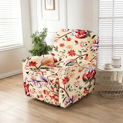 Odot 4 Piezas Funda Sillon Relax, Elástica 1 Plaza Sillon Relax, Hoja de Flor en 3D Antideslizante Protector Sofá Reclinable para Sala de Estar, Oficina (Amarillo-Rojo A1)