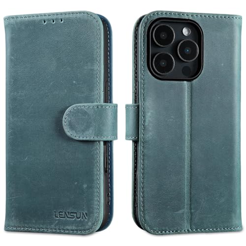 Coque iPhone 16 Pro portefeuille bleu rétro LENSUN, étui idéal pour voyager léger