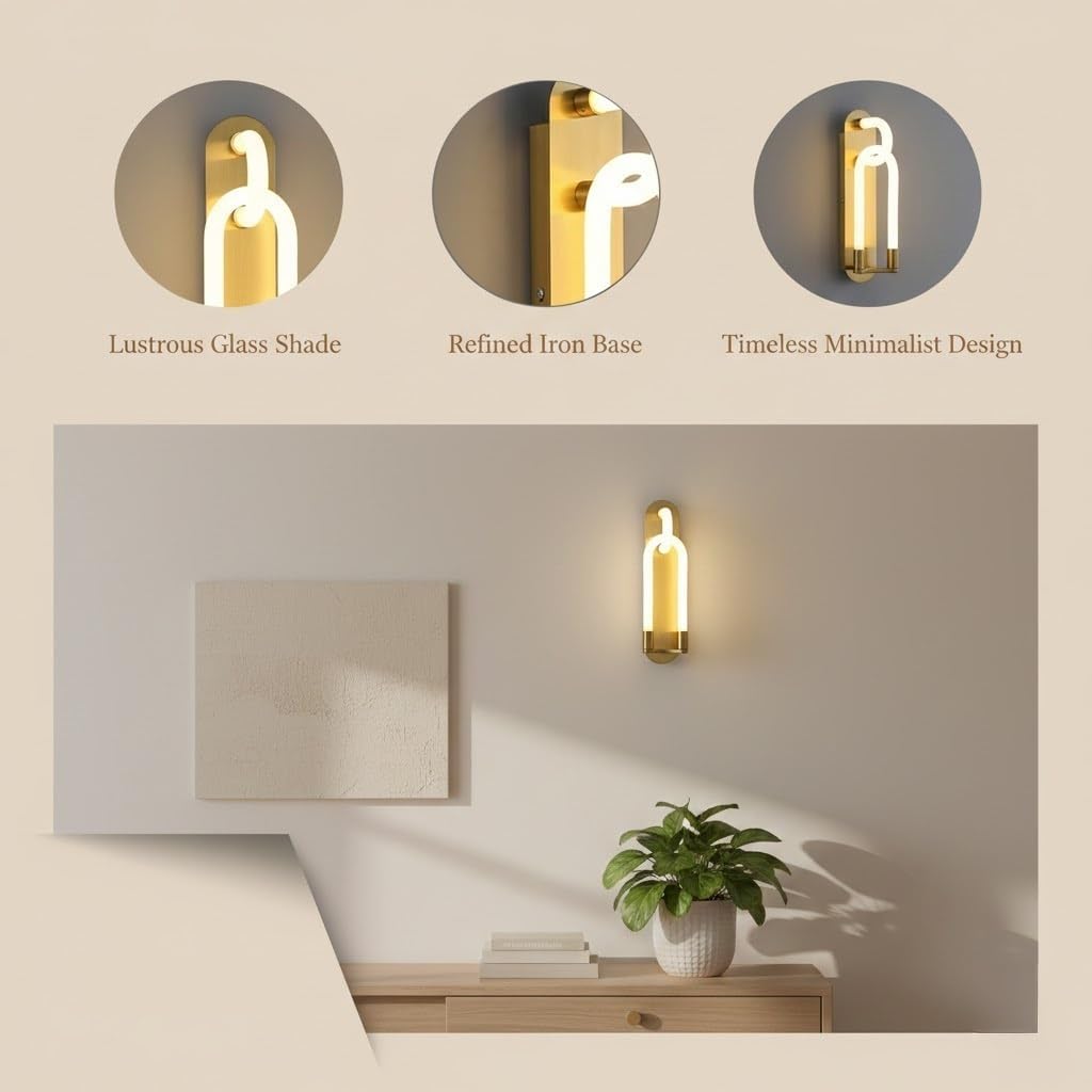 Wall Light, U Shaped Glass LED Wall Sconce, Gold Bedside Wall Lamp for Bedroom, Hallway, Living Room, Hotel, Entryway, Contemporary Fixture, Guest Room, Corridor, Foyer Loft Parlor(Small)