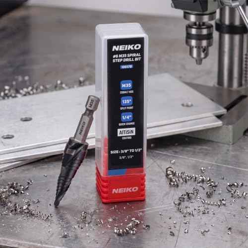 Image of NEIKO 10617B Step Drill Bit, 2 Steps 3 /8 inch to 1 /2 inch Spiral M35 Cobalt, AlTiSiN Coated, 1 /4 inch Quick Change Step Bits for Steel, Metal, Wood, Plastic, Unibit Cone Drill Bits, Two Flute