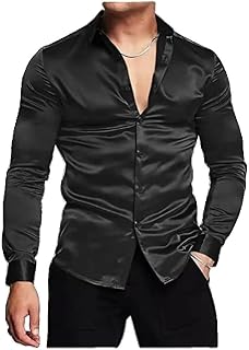 Luxurious Shiny Shirt Long Sleeved Casual Slim Muscle -Down Male Plus