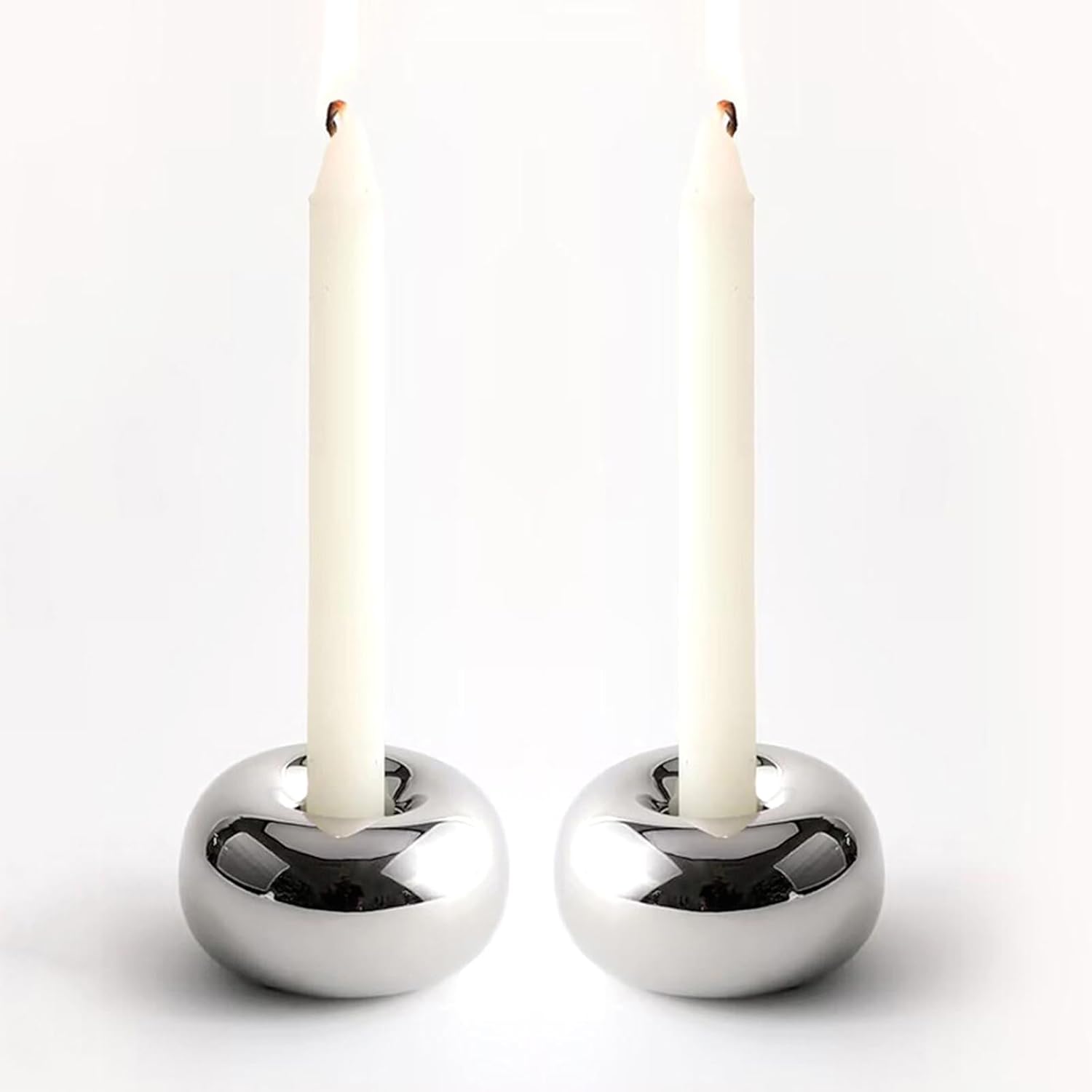 Silver Modern Doughnut Shaped Candlestick Holder, Small Decorative Taper Candle Holder for Bathtub Bedroom Livingroom,2 Pack