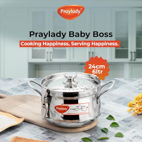Image of Praylady Baby Boss Chef-Grade Stainless Steel Strainer Pot | 6L | 24 CM | Lock-&-Pour Lid | Induction Compatible | Cook & Drain Pot for Pasta, Rice, Maggi & Spaghetti | ISI & BIS Certified