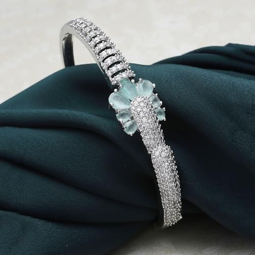 Image of ZENEME Rhodium-Plated Square Shaped American Diamond Studded Kada Bracelet For Girls and Women