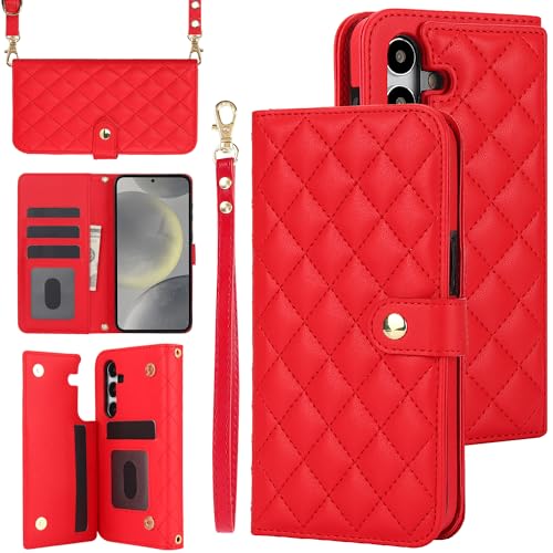 Étui portefeuille Samsung S25 en cuir PU rouge avec 5 porte-cartes et fente monnaie