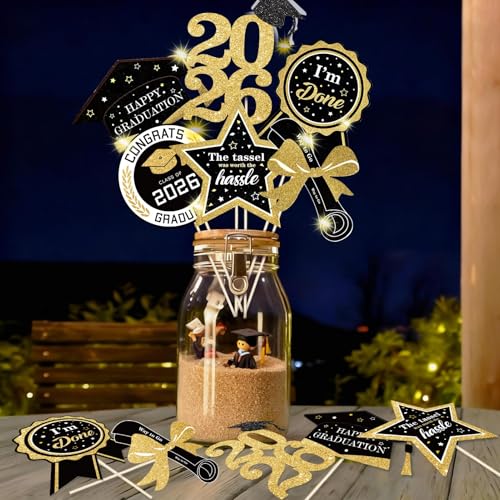 kockuu Glitter Black Gold Graduation Decorations for Class of 2026-30pcs Black Gold Double Sided Graduation Table Centerpieces Sticks with LED String Lights for College High School Grad Party Decor