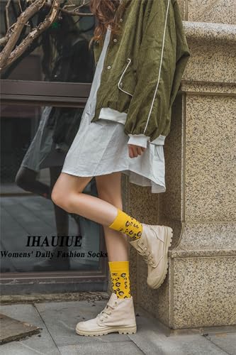Image of Animal Print Crew Socks Trendy Pattern Quartz Socks Leopard Printed Dress Socks for Women, Men