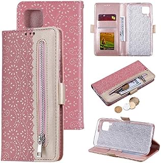 ZCDAYE Zipper Wallet Case for Galaxy A12,Phone Case Fabulous Glossy Pattern Magnetic Closure PU Leather [Bowknot Lanyard][Kickstand][Card Slots] Soft TPU Flip Case Cover for Samsung A12-Rose Gold