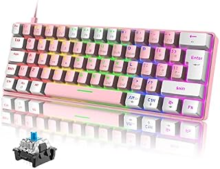Wired 60% Gaming Mechanical Keyboard with Blue Switch, UK Layout 19 Rainbow LED Backlit Mini Portable 62 Keys Detachable USB-C Cable Full Keys Anti-Ghosting Waterproof for PC Mac - Pink & White
