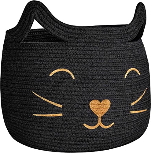 Image of ALBY Woven,Tall Wicker Laundry Basket for Blankets,Clothes,Pillows,Toys,Shoes Large Cotton Laundry Hamper for Bedroom Living Room Bathroom Nursery (15d'' x 12h'' inch, Black cat)