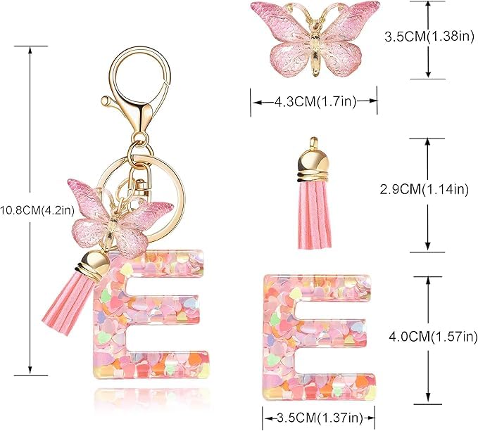 Image of GEOCARTER Lightweight Fashion Initial Letter Key Ring with Butterfly Pendant & Tassel, Stylish Purse Charm for Handbags, Car Keys, Gifts for Girls & Women