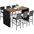 Yaheetech 7 Piece Patio Dining Set Outdoor Acacia Wood Bar Table and Chairs with Removable Cushions, Wicker Furniture Set for Deck, Backyard, Garden, Black/Beige