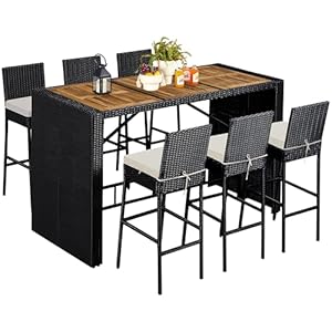 Yaheetech 7 Piece Patio Dining Set Outdoor Acacia Wood Bar Table and Chairs with Removable Cushions, Wicker Furniture Set for Deck, Backyard, Garden, Black/Beige