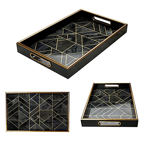 Serving Tray –Coffee Table Tray –Elegant Decorative Tray –Ps And Printed Glass Table Tray –Practical And Sturdy Design –Easy To Clean And Washable(Black And Grey,15.6X10X1.8 Inches) #TOP6