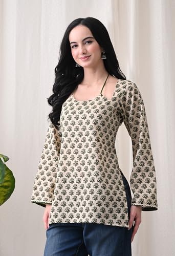 Image of MEERA FAB Women Cotton Printed A-Line Tunic Top with Square Neck | Floral Printed Halter Strap Detail & Bell Sleeves | Short Kurti for Women