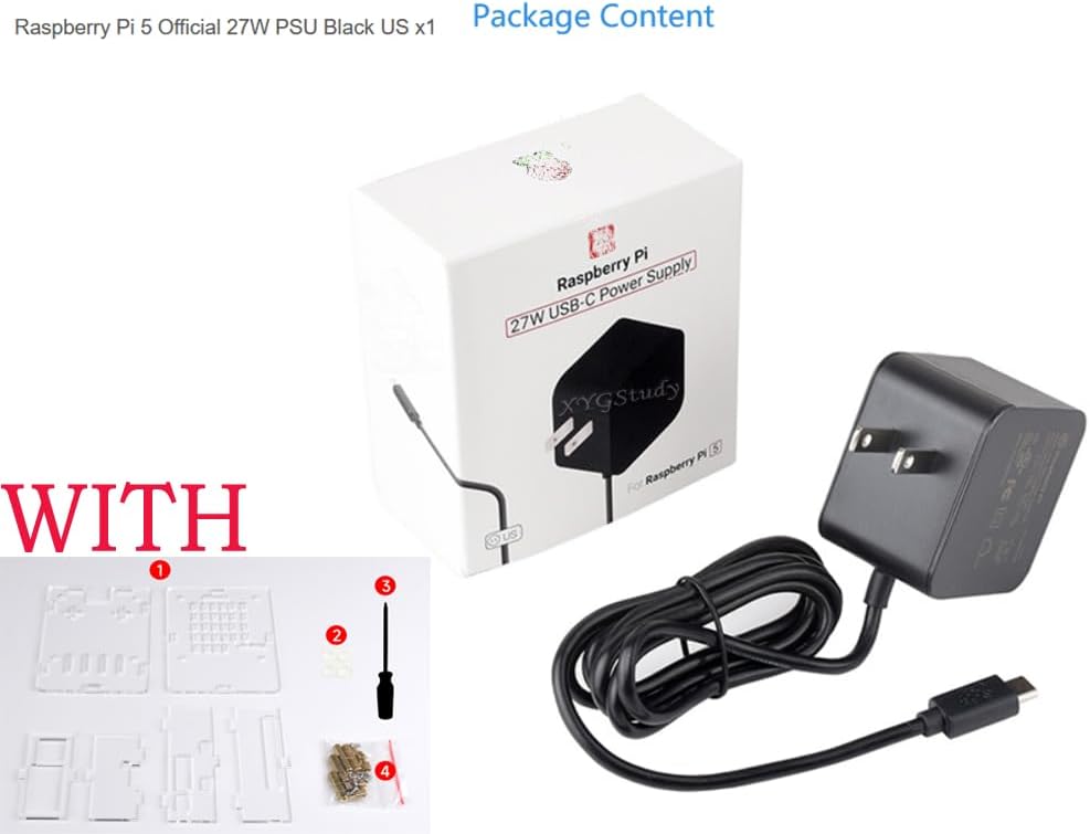Official 27W USB-C Power Supply for Raspberry Pi 5, 5.1V/5A, 9V/3A, 12V/2.25A, 15V/1.8A, Black US
