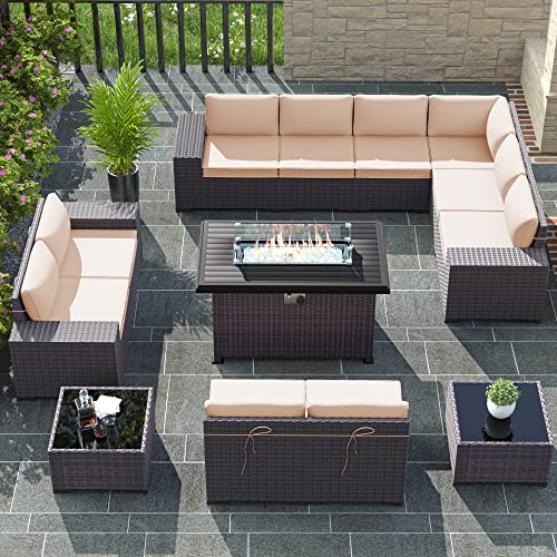 Rtdtd Outdoor Patio Furniture Set With Propane Fire Pit Table, 13 Pieces Outdoor Furniture Patio Sectional Sofa Conversation Sets W/Etl Approved 43" Gas Outdoor Fire Table & Coffee Table (Brown) #TOP1
