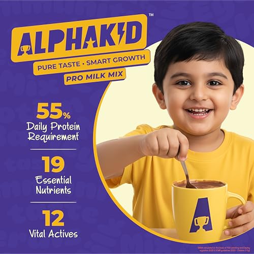 Image of Alphakid smart milk mix (2 + Years) | Chocolate flavour milk mix Portein Powder | No palm oil | No refined sugar | supports gut health | Sweetened with jaggery | boosts immunity | with Barley, Millet, Wheat, Jaggery & Ghee | Vitamins & Minerals | 14 pouches of 25gm each in monocarton | with 19 essential nutrients