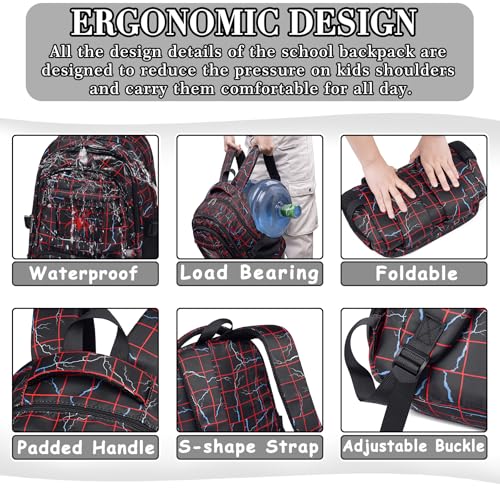 Image of Kids Backpack Boys Lunch Box for Age 6-8 8-10 10-12School Bag for Middle High School Primary Preppy Bookbag Red Lightning