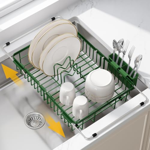 Image of JASIWAY Green Dish Drying Rack Over the Sink with Utensil Holder