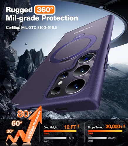 Image of TORRAS 360Spin Magnetic Stand for Samsung Galaxy S24 Ultra Case, Compatible with Magsafe, Shockproof Military Grade Protective Slim Galaxy S24 Ultra Phone Case with Kickstand & Ring Holder, Purple