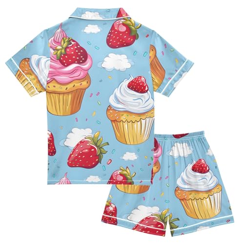 Satin Pajama Sets Short Sleeve Cupcakes with Strawberries and Sprinkles Button Down Silky Nightwear 2 Piece PJS 5-14Y2