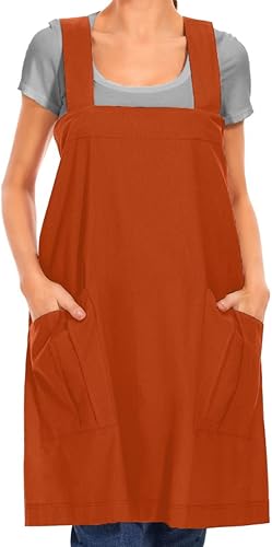 Miniatura 8 de Delantal de algodón con espalda cruzada para mujer, vestido casual con bolsillos grandes, delantal cuadrado suelto para hornear, cocinar, jardinería
